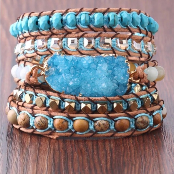 SOLD!! NEW, Druzy and Stones Leather Wrap Bracelet - Picture 4 of 7